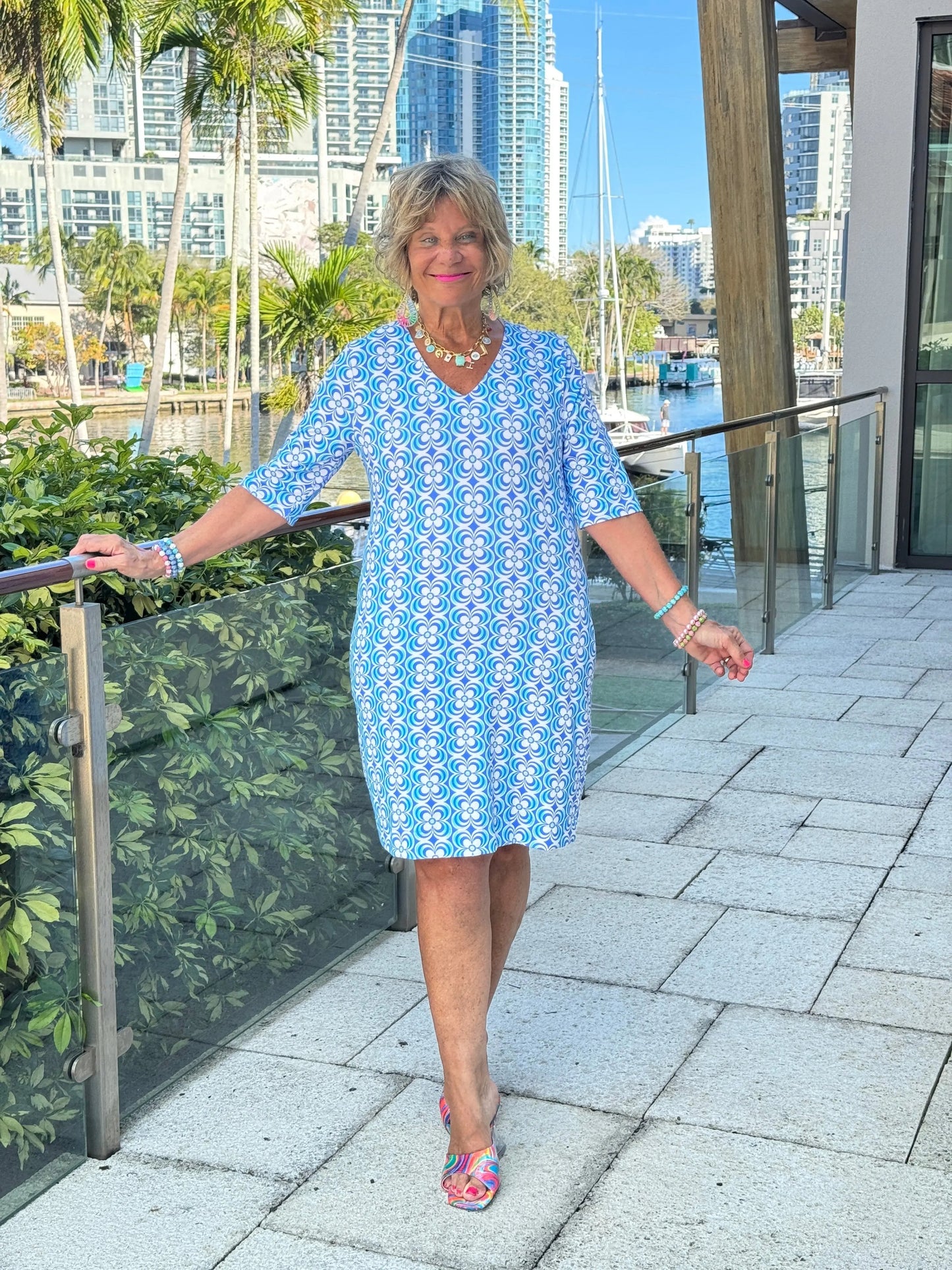 LULU B COASTAL BLOOM ELBOW SLEEVE DRESS