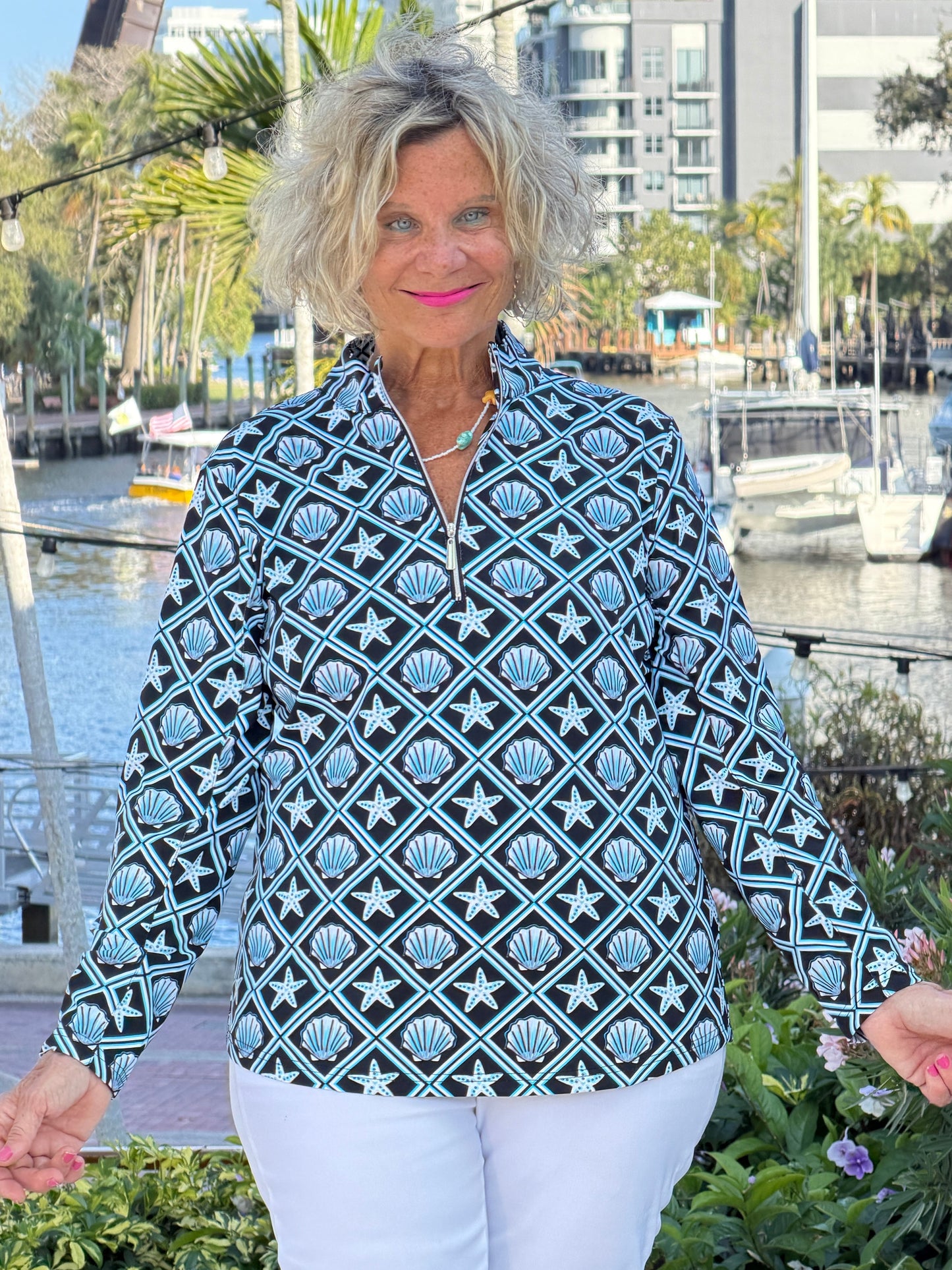 LULU B OCEAN TREASURES HALF ZIPPER TOP