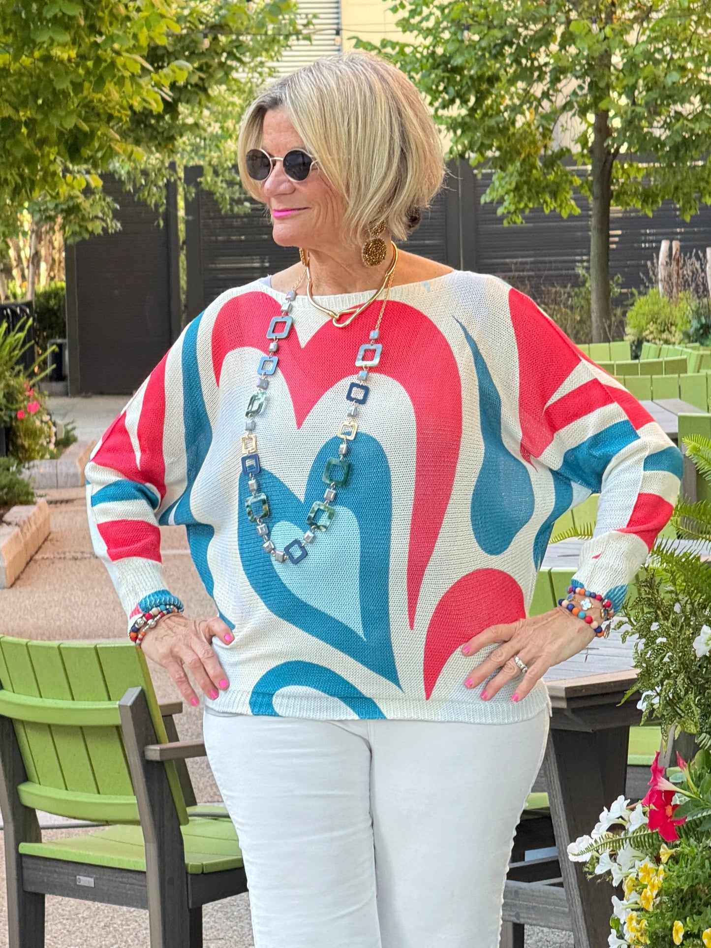 Beige Heart Round Knit Printed Sweater