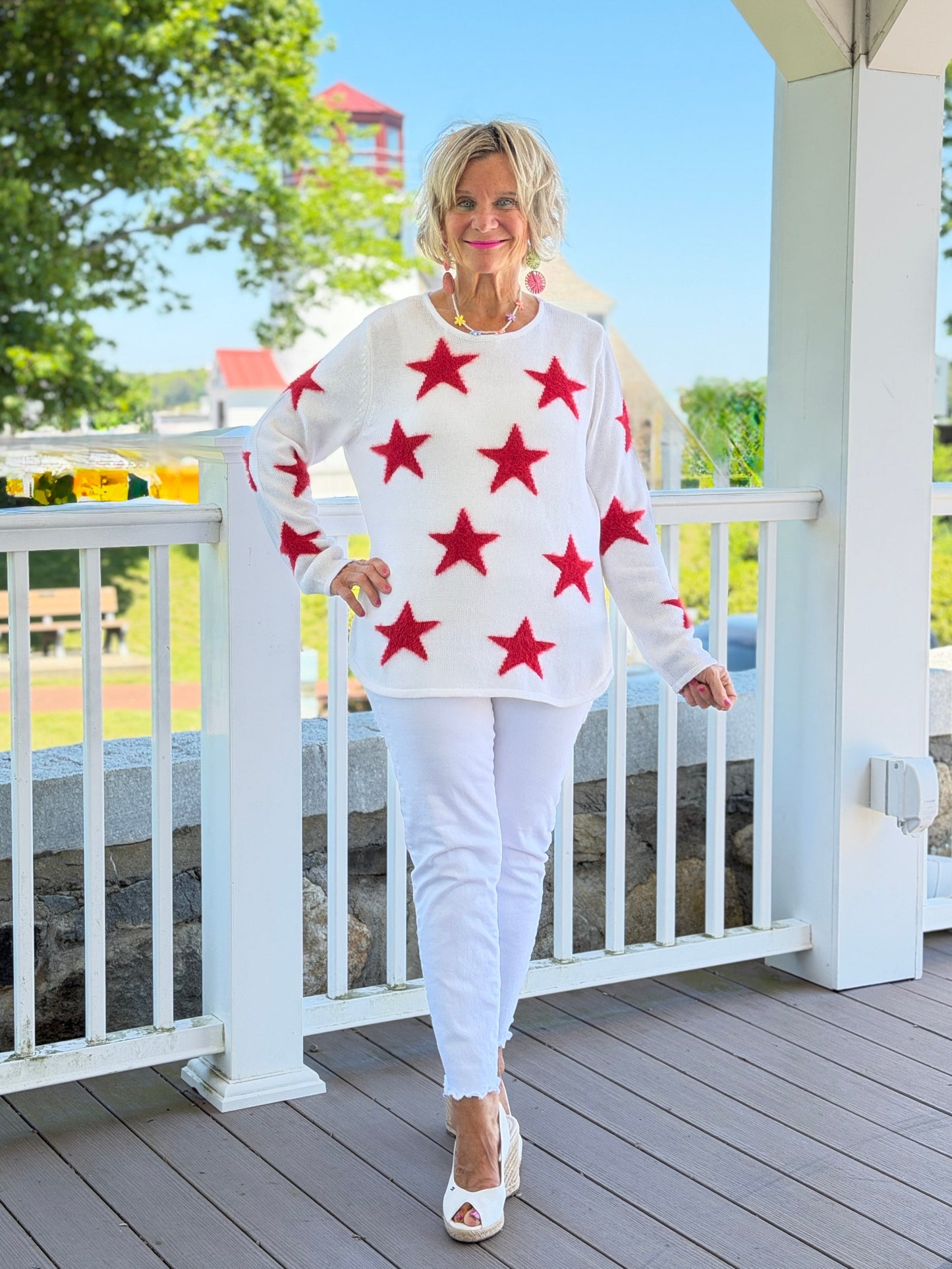 LULU B DOCKSIDE WHITE RED STAR FUZZY SWEATER