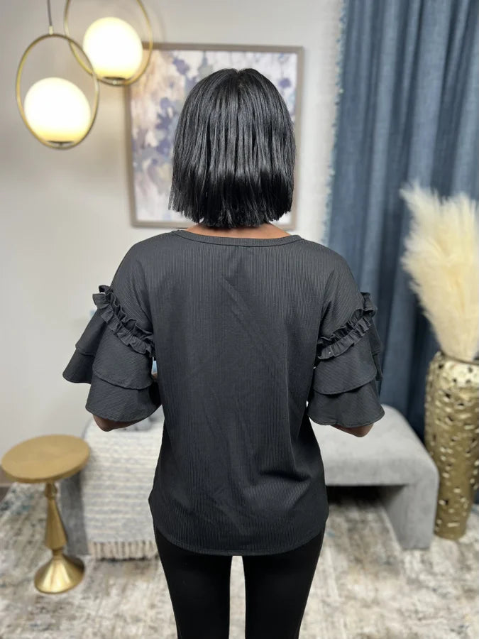 Look Inside You Women's Ribbed Ruffle Short Sleeve Top