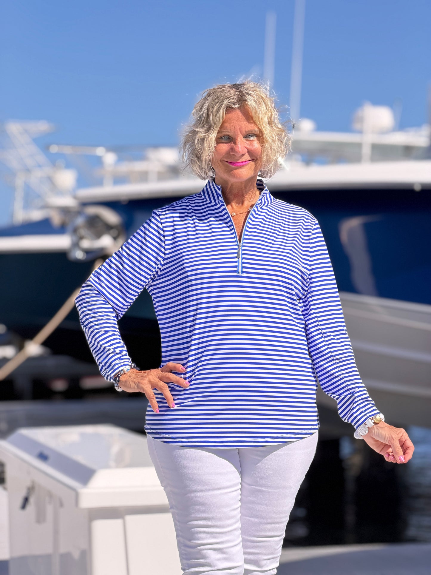 HARBOR BLUE STRIPED HALF ZIPPER TOP