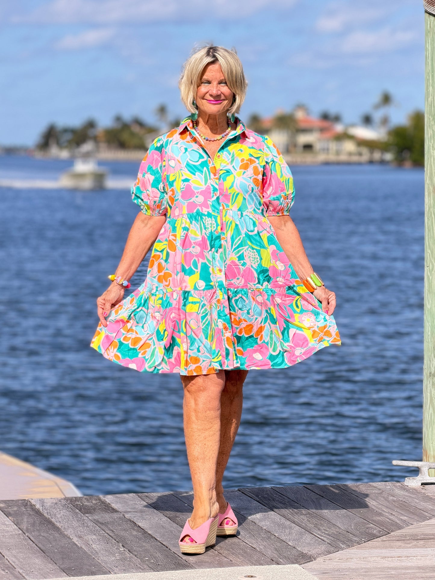 Fashion-W Floral Short Sleeve Buttoned Babydoll BOHO Dress