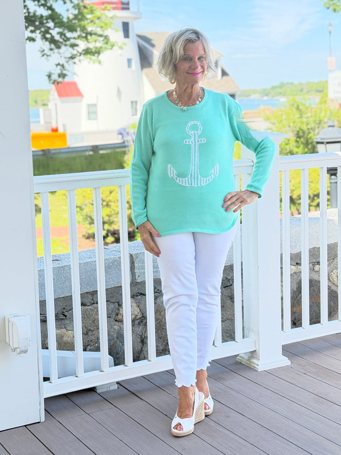DOCKSIDE NAUTICAL SEAFOAM NAUTICAL STRIPE SWEATER
