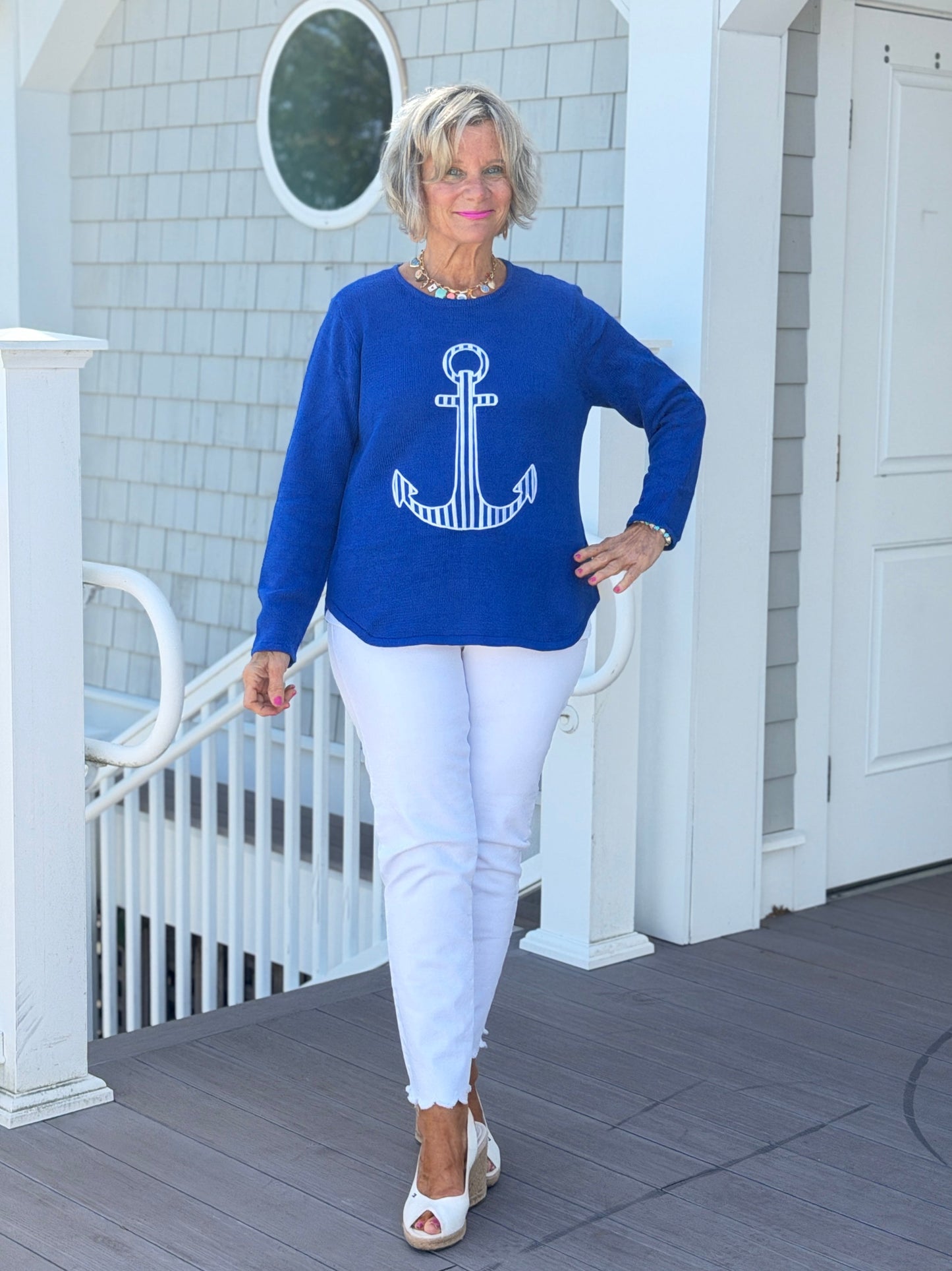 DOCKSIDE NAUTICAL COBALT STRIPE ANCHOR SWEATER
