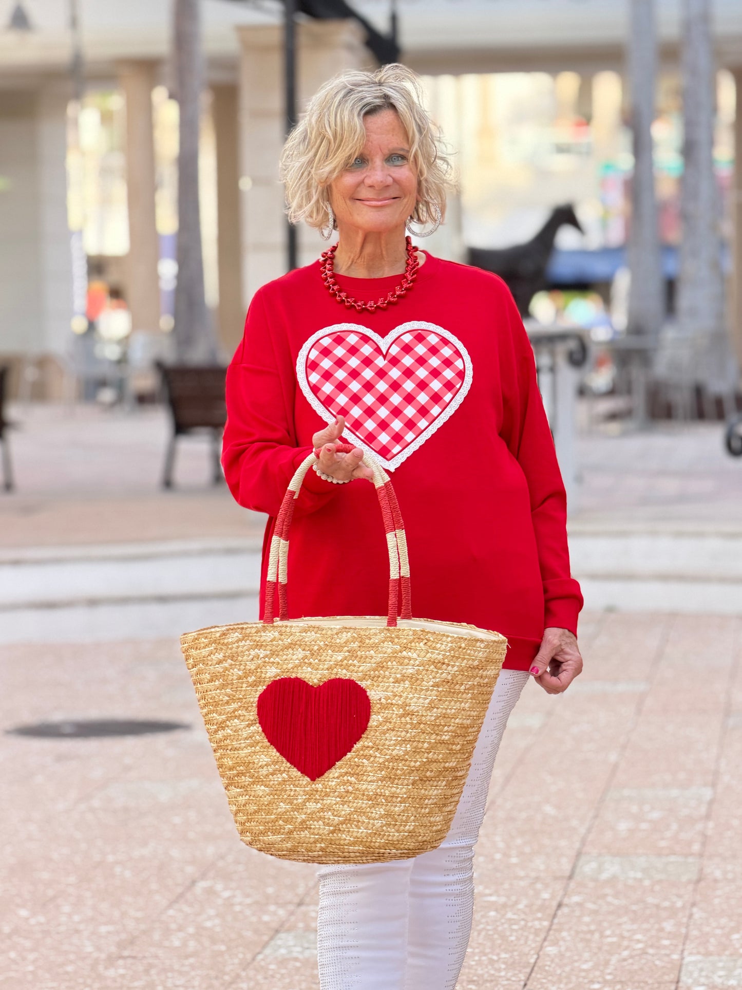 Faux Straw Heart Tote BAg