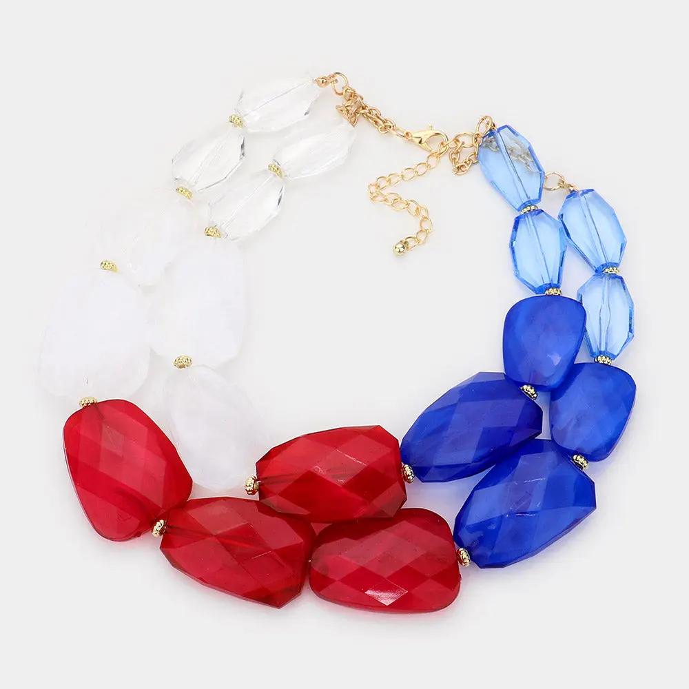 American USA Flag Tiered Resin Pebble Necklace