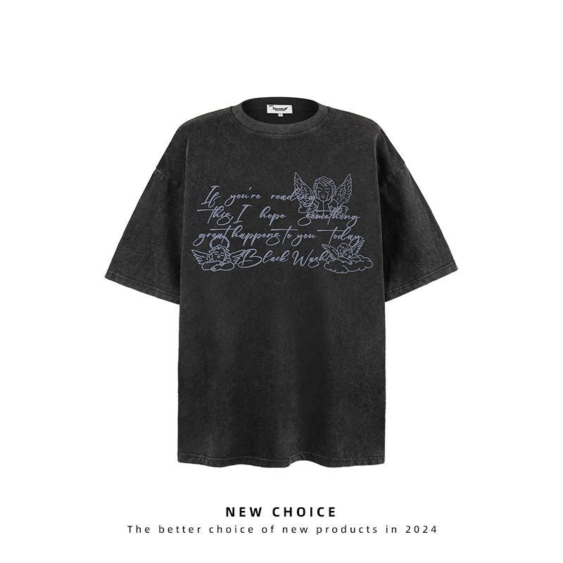 American vintage street T-shirt vintage angel tears print men's summer loose half sleeve
