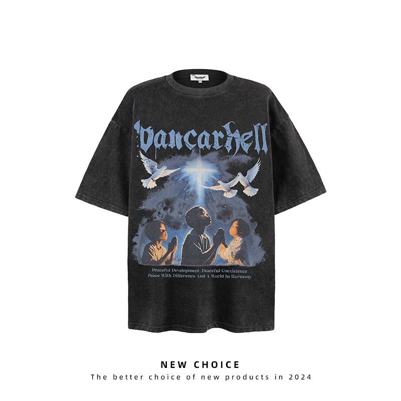 American vintage street T-shirt retro character print men's loose top