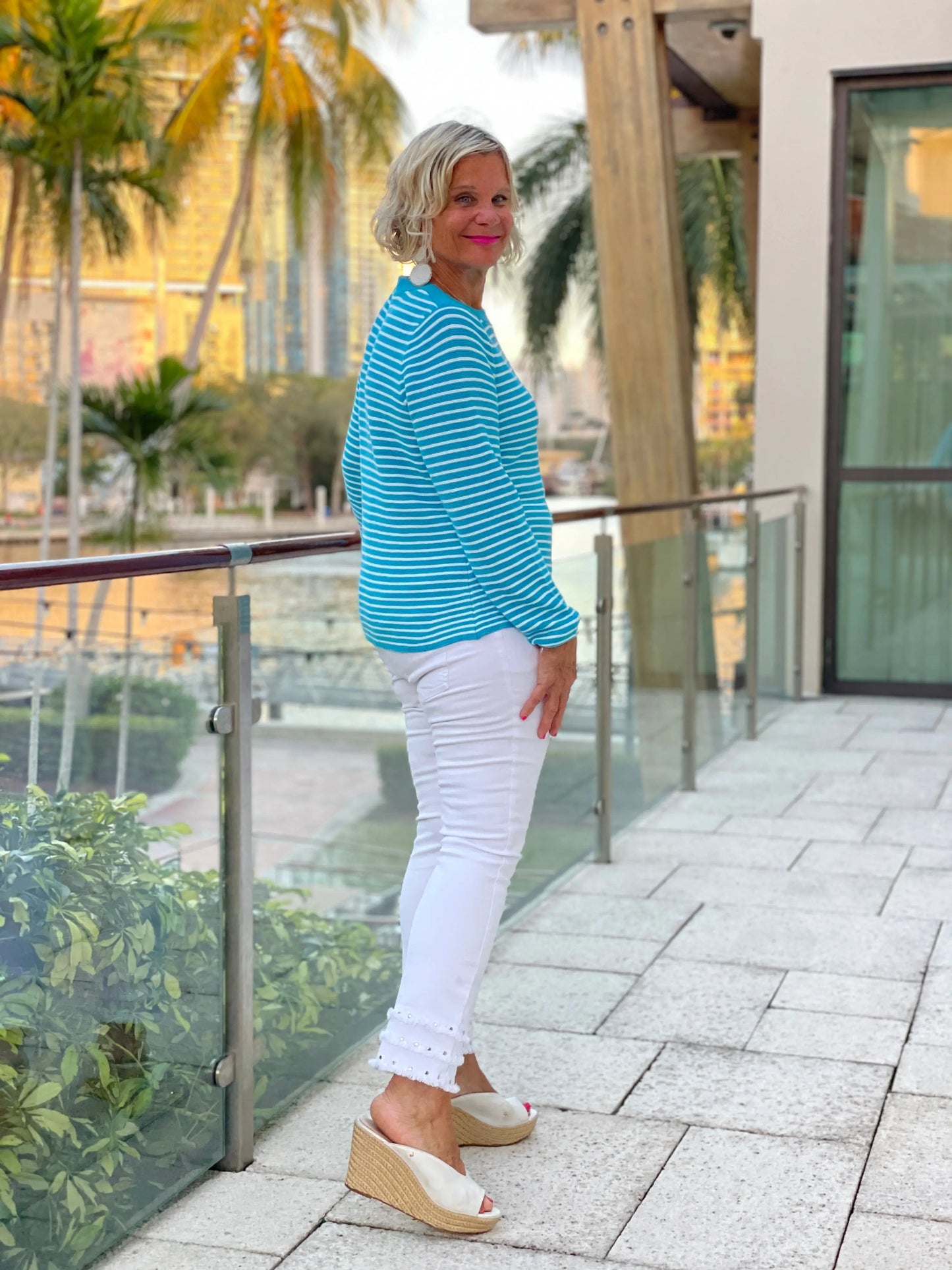 AQUA STRIPE BOATNECK TOP