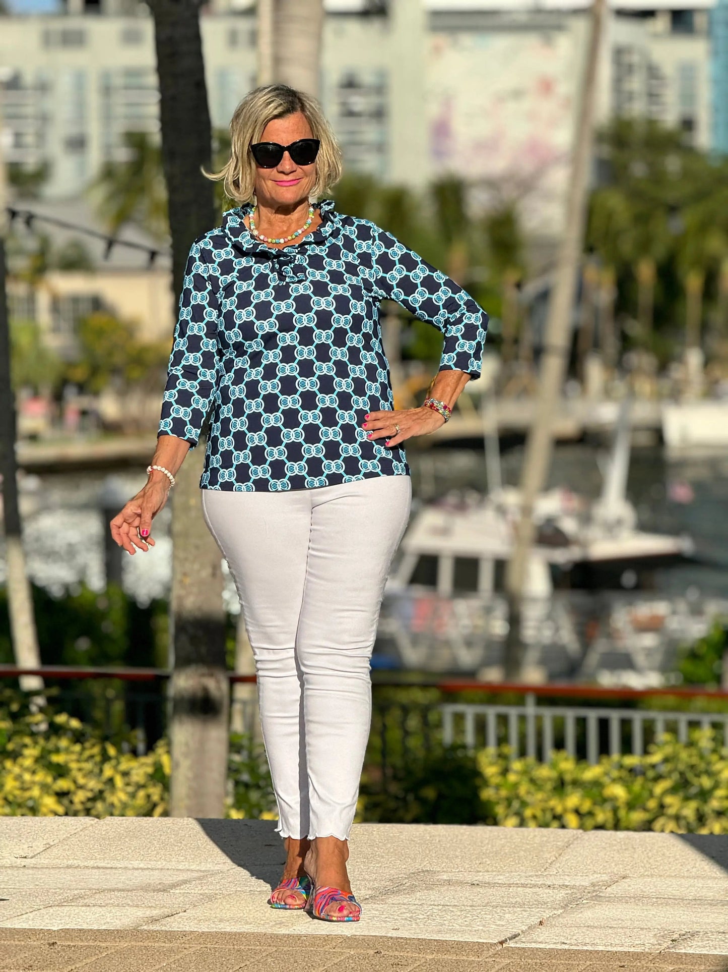 BLUE MEDALLION RUFFLE SLEEVE TOP