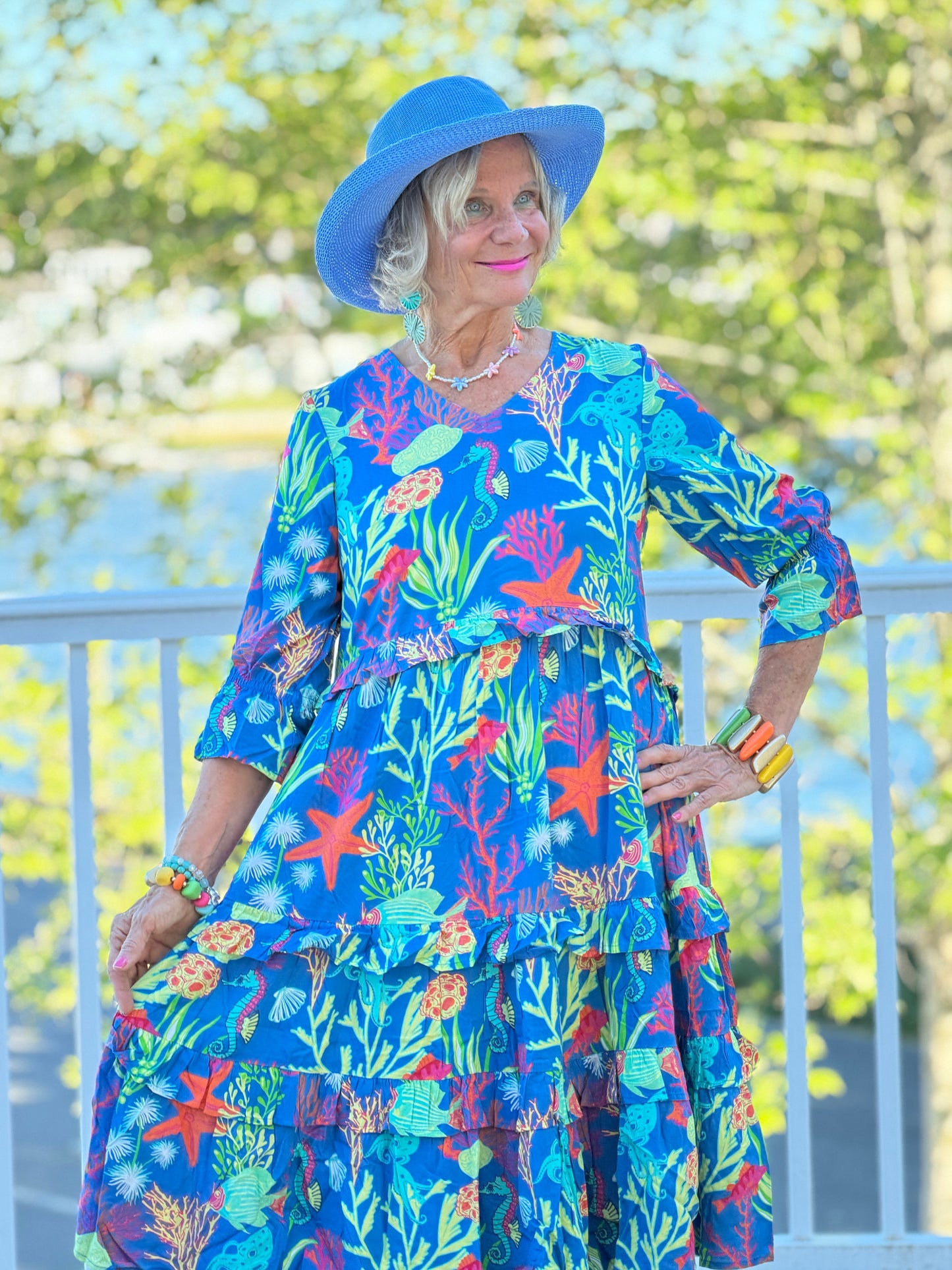CORAL GARDEN RUFFLE V Neck DRESS