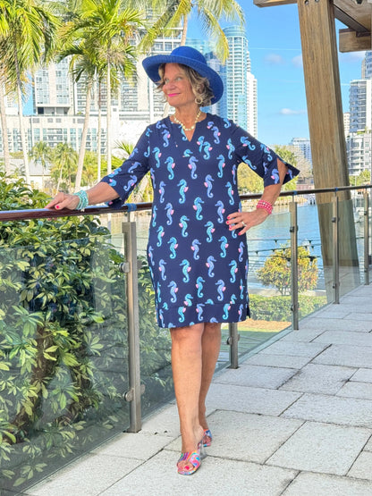 LULU B MIDNIGHT REEF NOTCH SLEEVE DRESS
