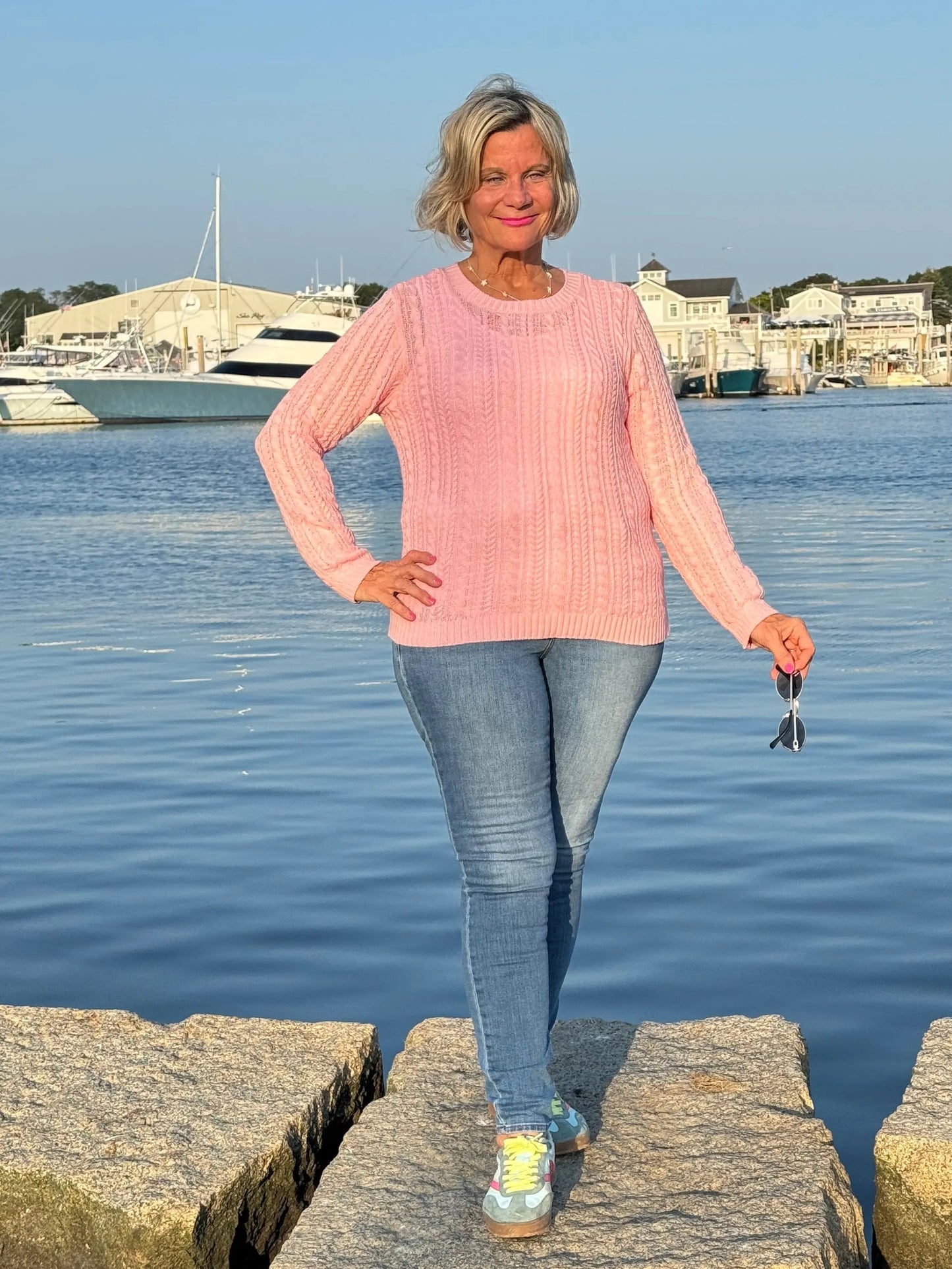 Cable-Knit Cotton PINK CREW Neck Sweater