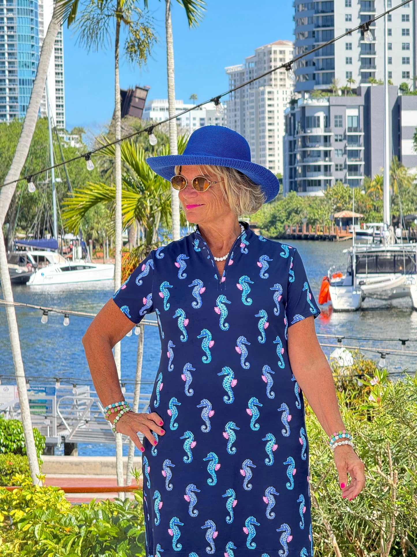 LULU B MIDNIGHT REEF HALF ZIPPER SHORT SLEEVE DRESS