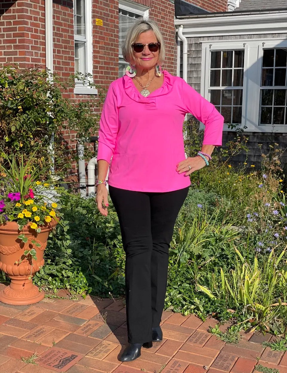 LULU-B HOT PINK SOLID RUFFFLE TOP