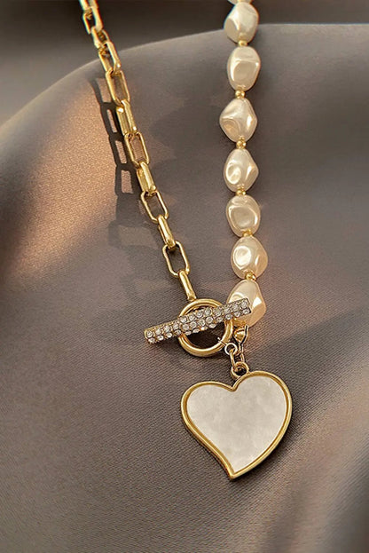 Heart Pendant Rhinestone Decor Pearl Chain Necklace
