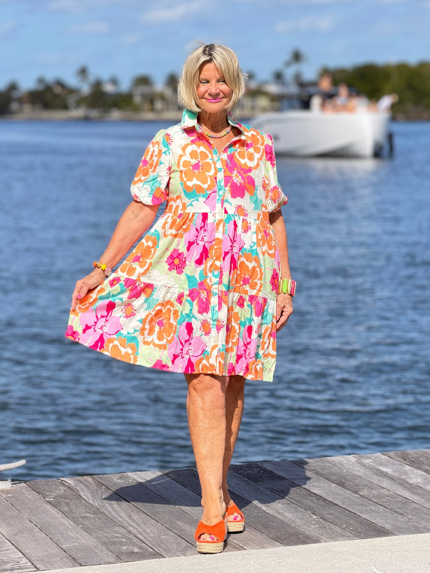 Fashion-W Floral Short Sleeve Buttoned Babydoll BOHO Dress