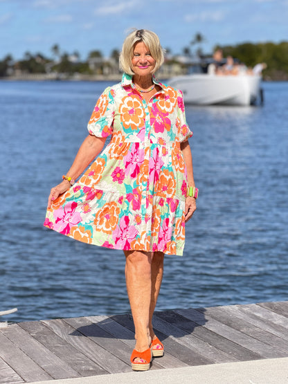 Fashion-W Floral Short Sleeve Buttoned Babydoll BOHO Dress