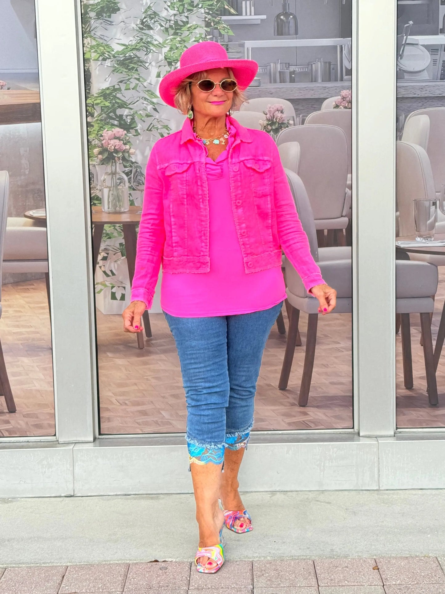 HOT PINK 3/25 SLEEVE RUFFLE TOP