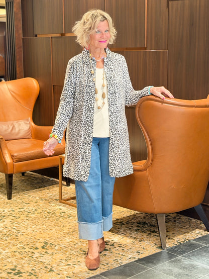 LULU-B CHEETAH WINTER WHITE ROUGED CARDIGAN