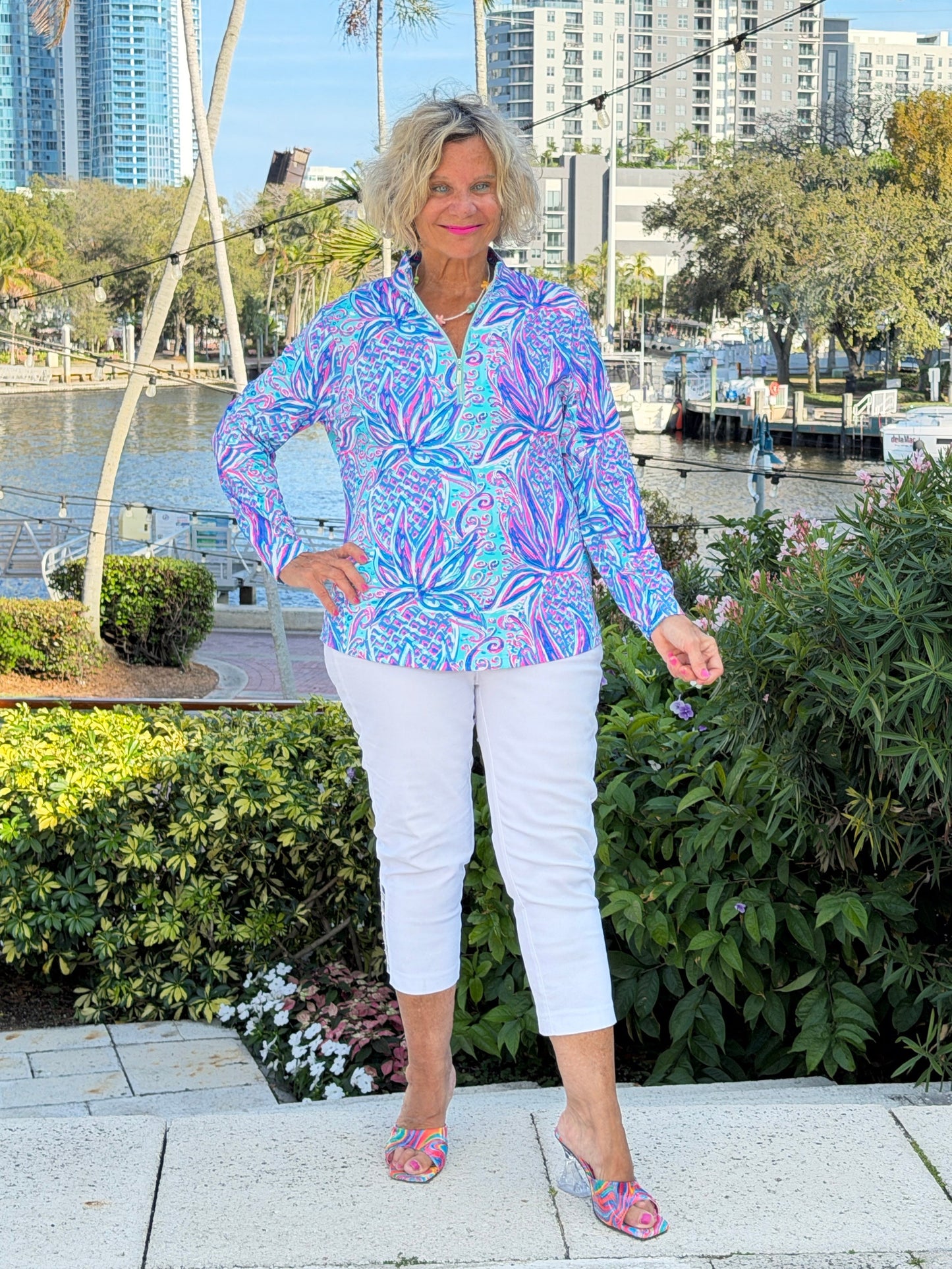 LULU B PALM ROYAL HALF ZIPPER TOP