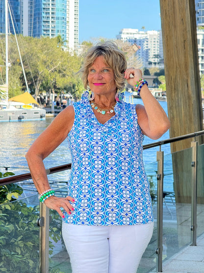 LULU B COASTAL BLOOM SLEEVELESS RUFFLE TOP