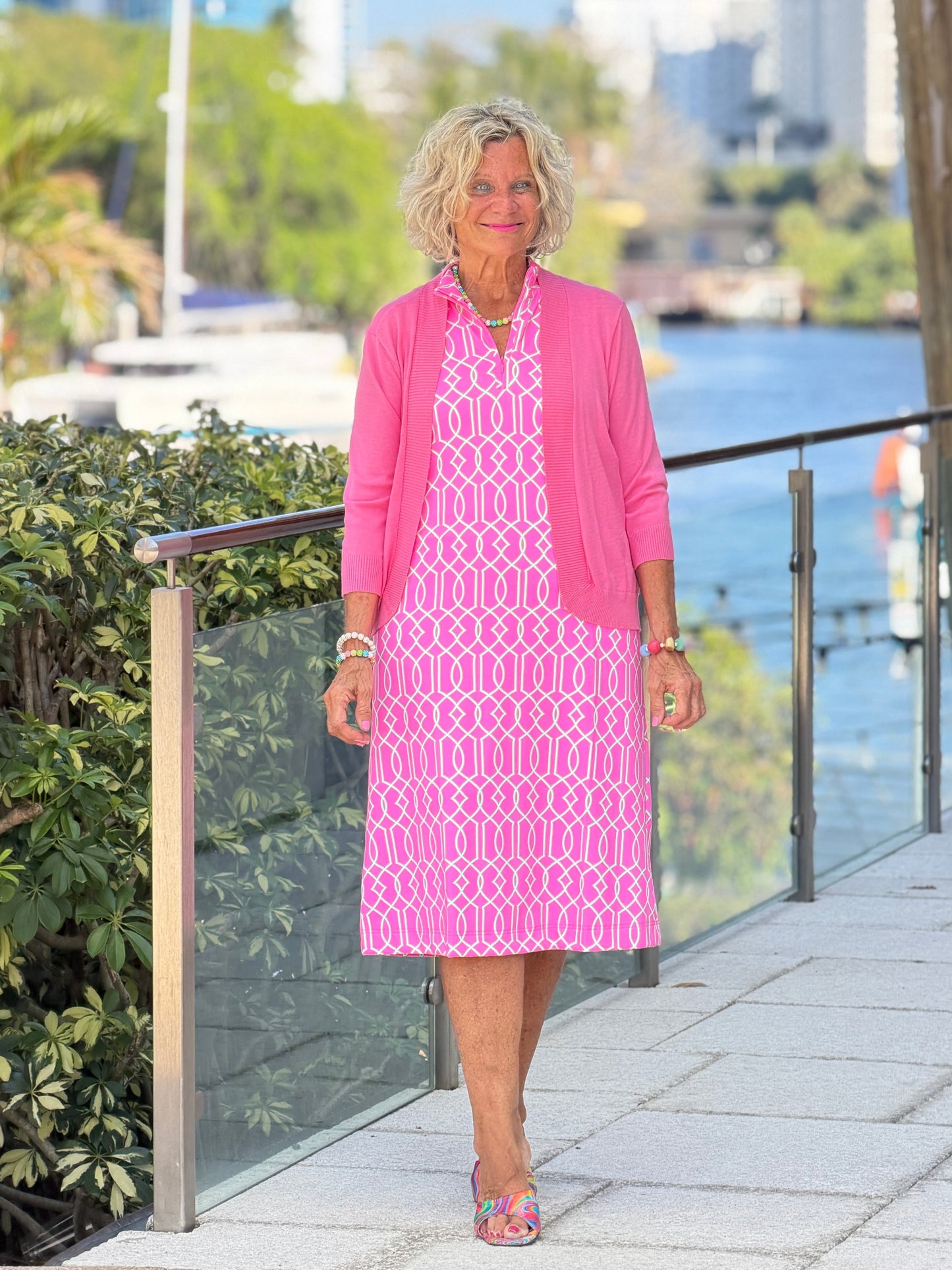 LULU B PALM BEACH LATTICE HALF ZIPPER MIDDY DRESS