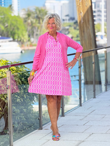 LULU B PALM BEACH LATTICE RUFFLE DRESS