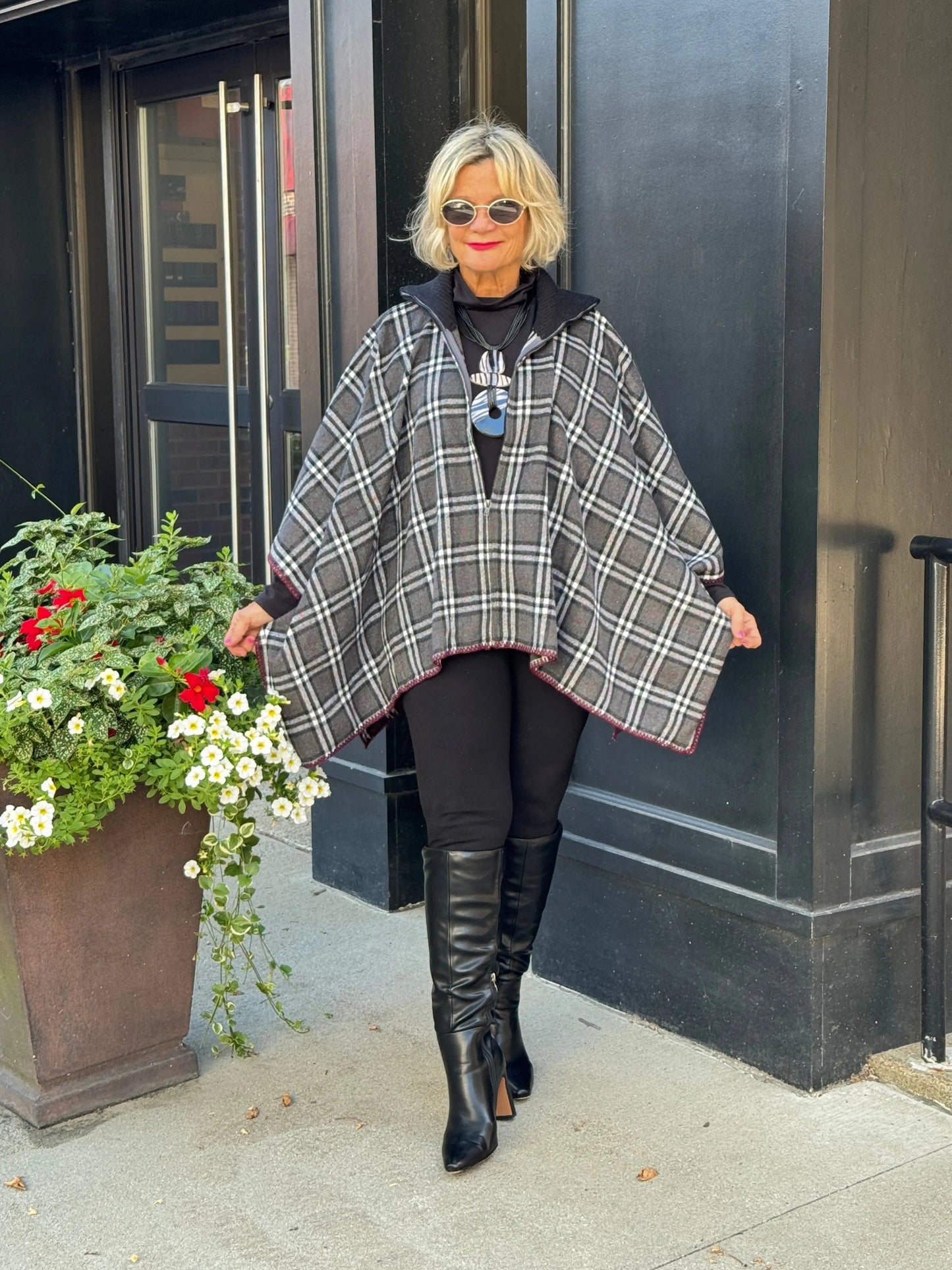 Flannel Plaid Zip Front Poncho