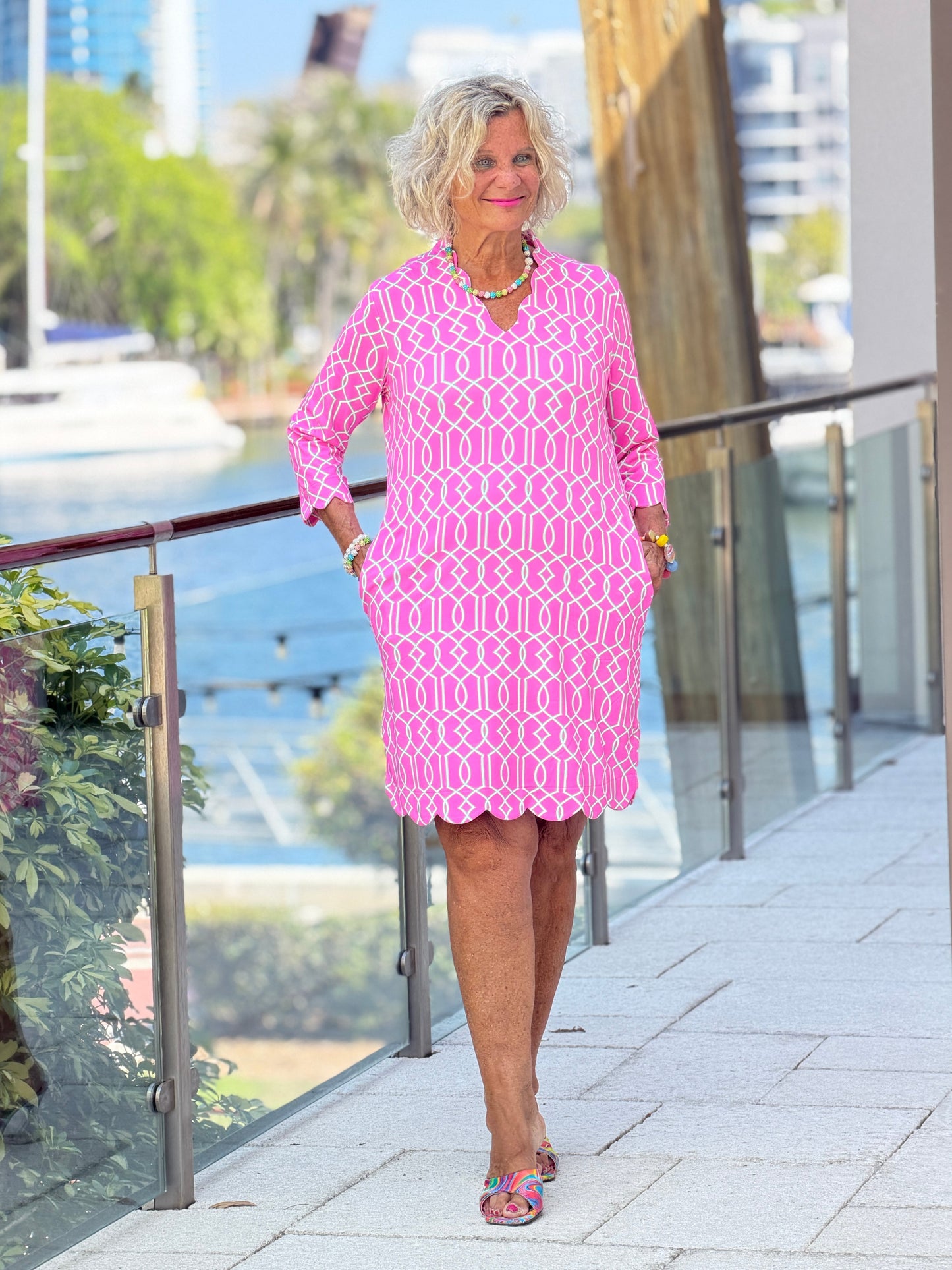 LULU B PALM BEACH LATTICE SCALLOP SLEEVE DRESS