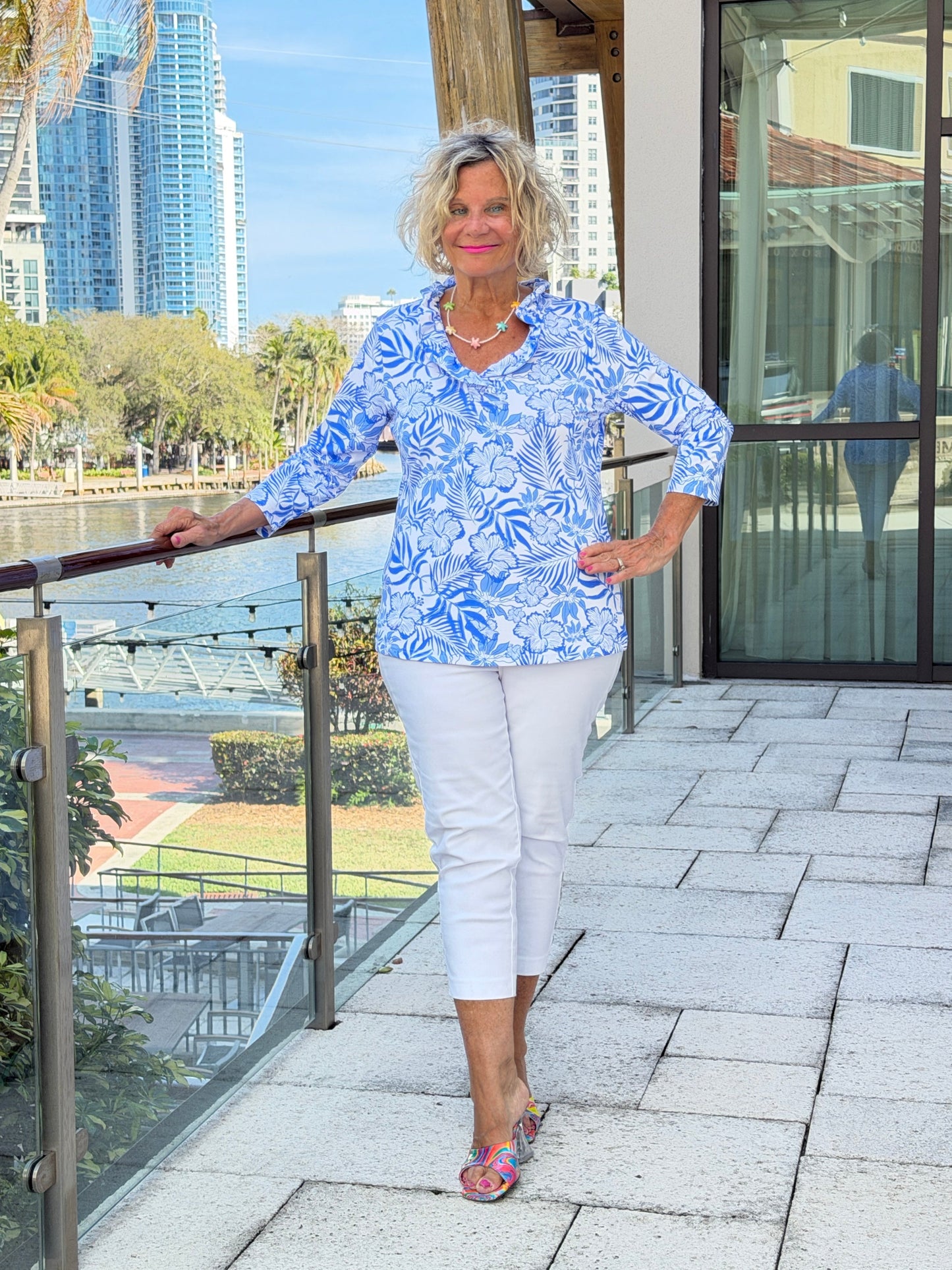 LULU B HIBISCUS COAST RUFFLE TOP
