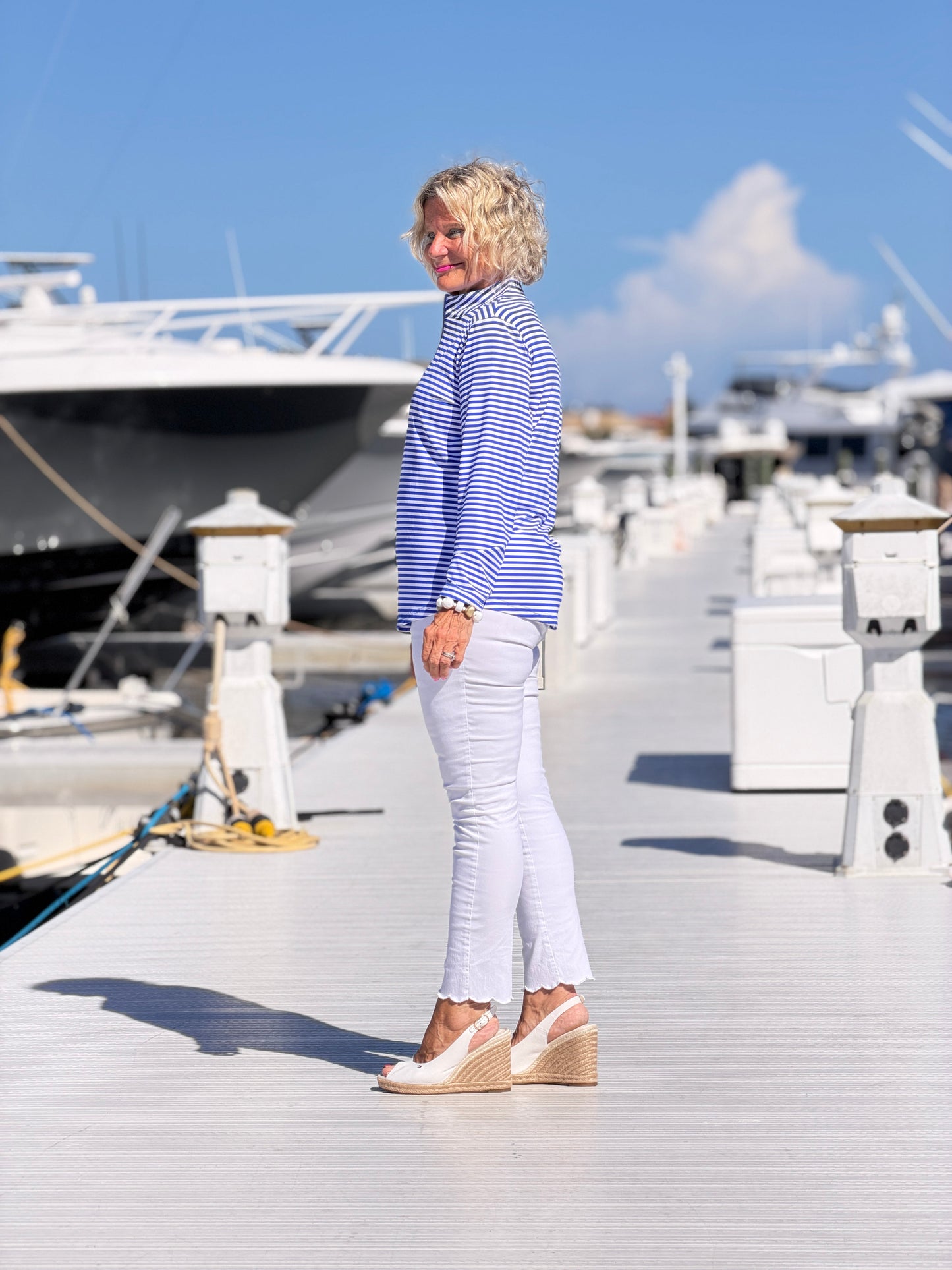HARBOR BLUE STRIPED HALF ZIPPER TOP