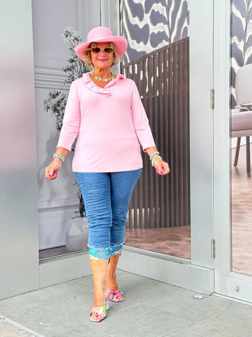 CLEAR PINK RUFFLE SLEEVE TOP