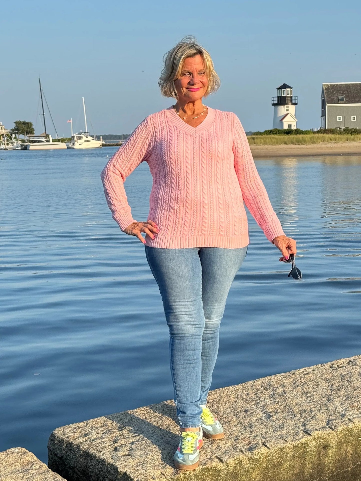 Cable-Knit Cotton PINK  V-Neck Sweater