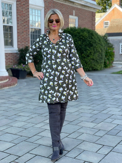 GREEN DREAMING RUFFLE NECK DRESS