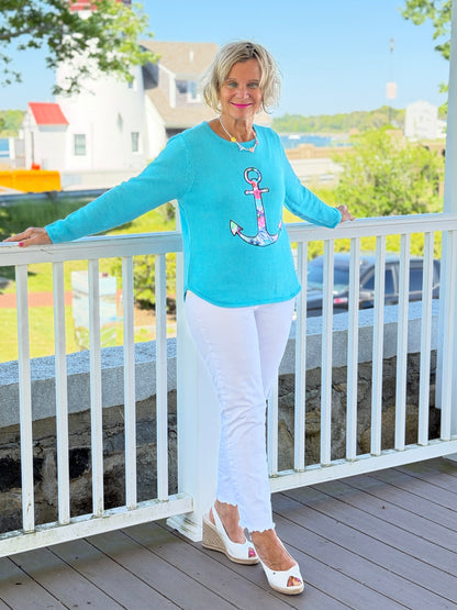 BEACH CLUB AQUA CAPE COD ANCHOR SWEATER