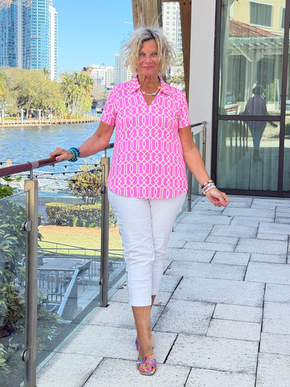 LULU B PALM BEACH LATTIC COLLAR SHORT SLEEVE
