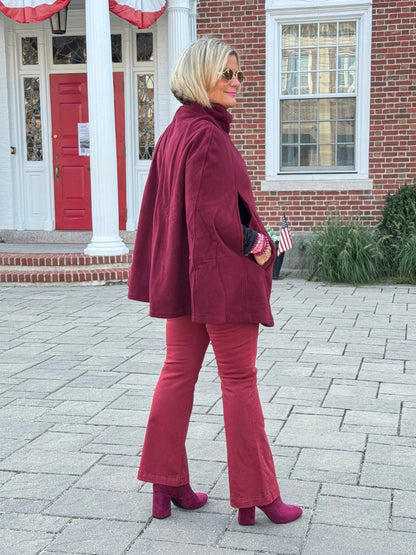 BURGUNDY Womens Cape Poncho Coat