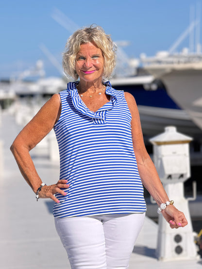 HARBOR BLUE SLEEVELESSS RUFFLE