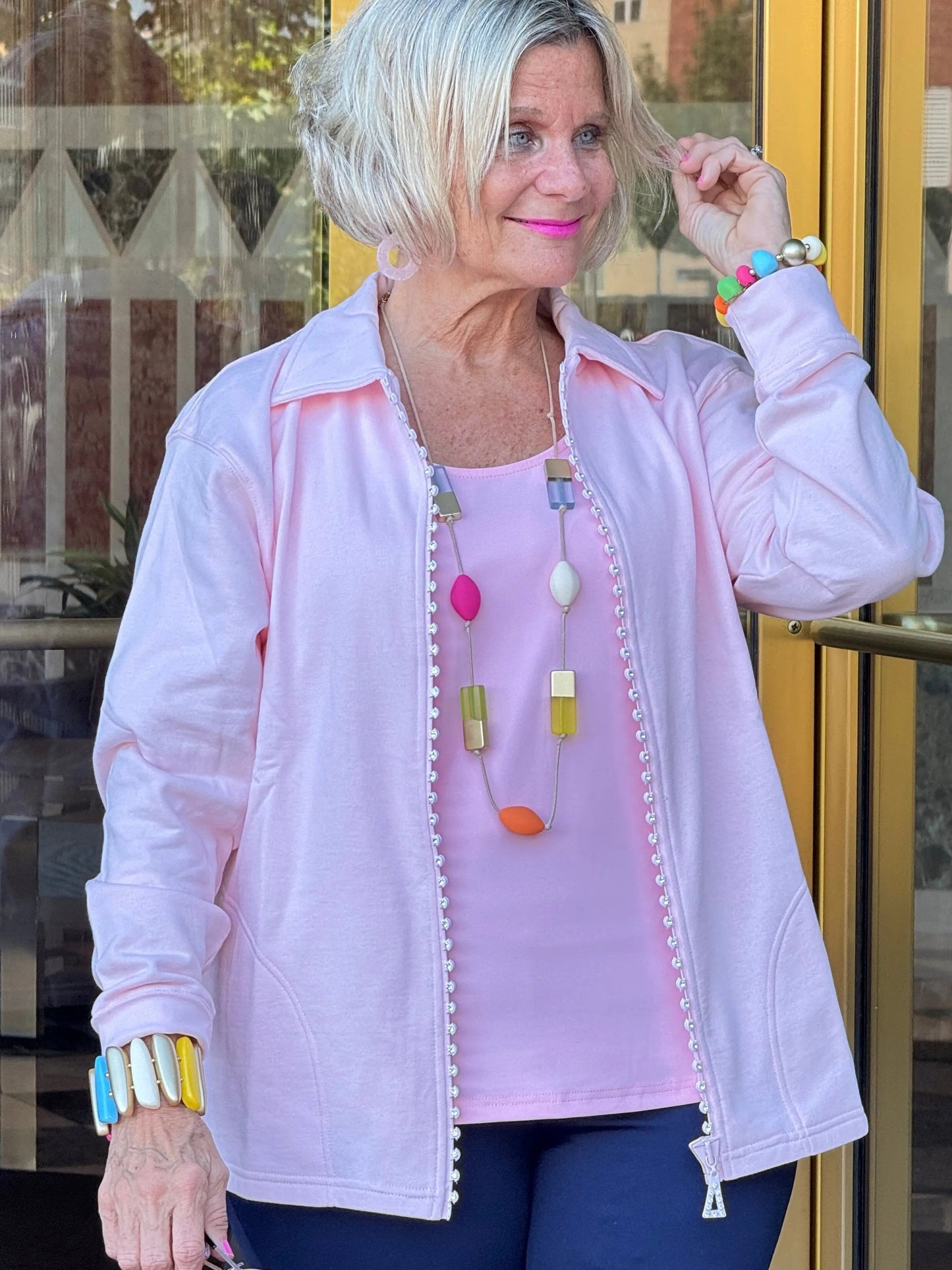Crystal Zipper Cardigan with Collar Pink