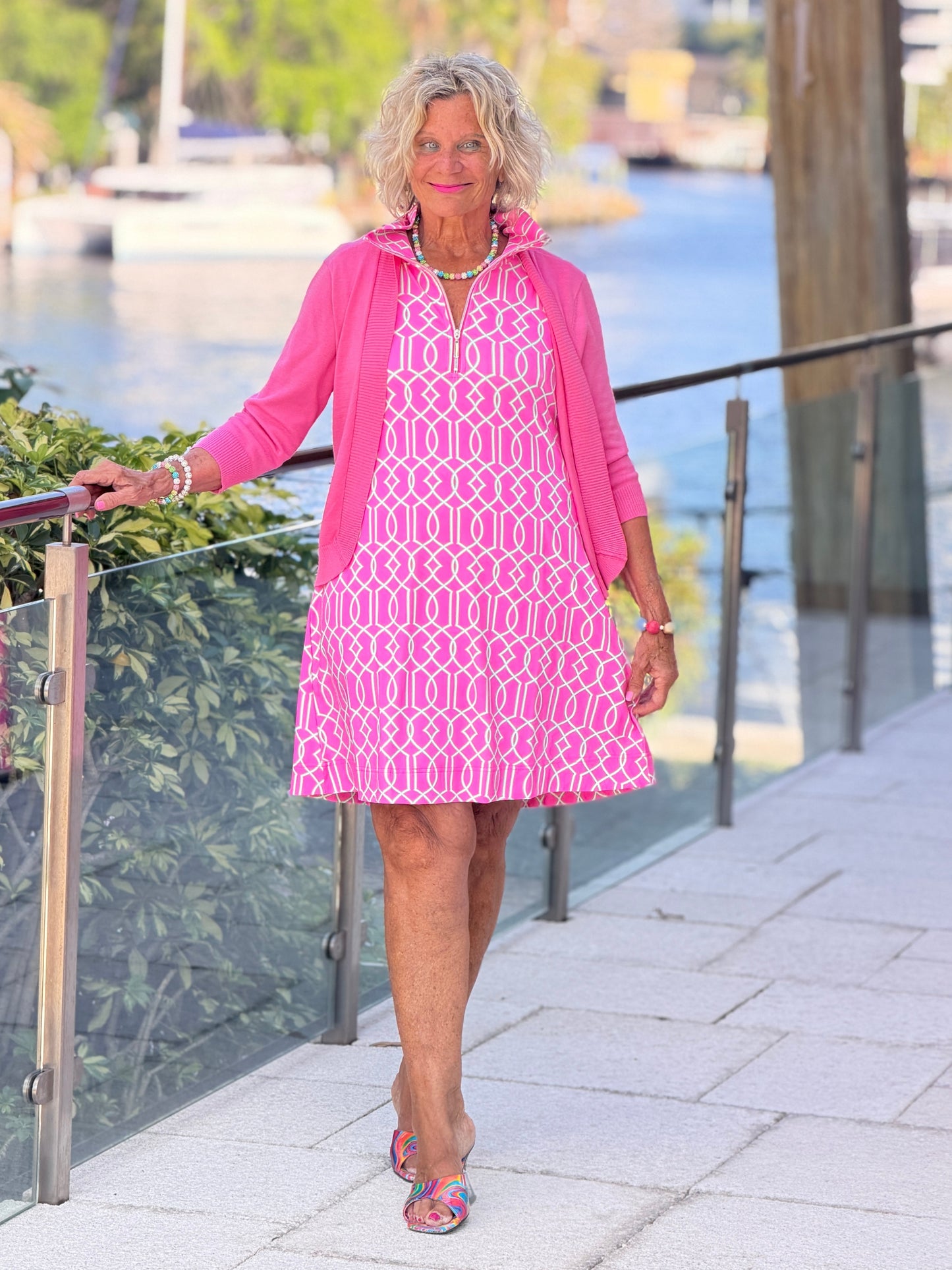 LULU B PALM BEACH LATTICE HALF ZIPPER DRESS