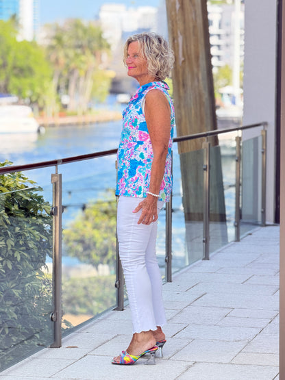 LULU B PALM BEACH SPLASH SLEEVELESS RUFFLE