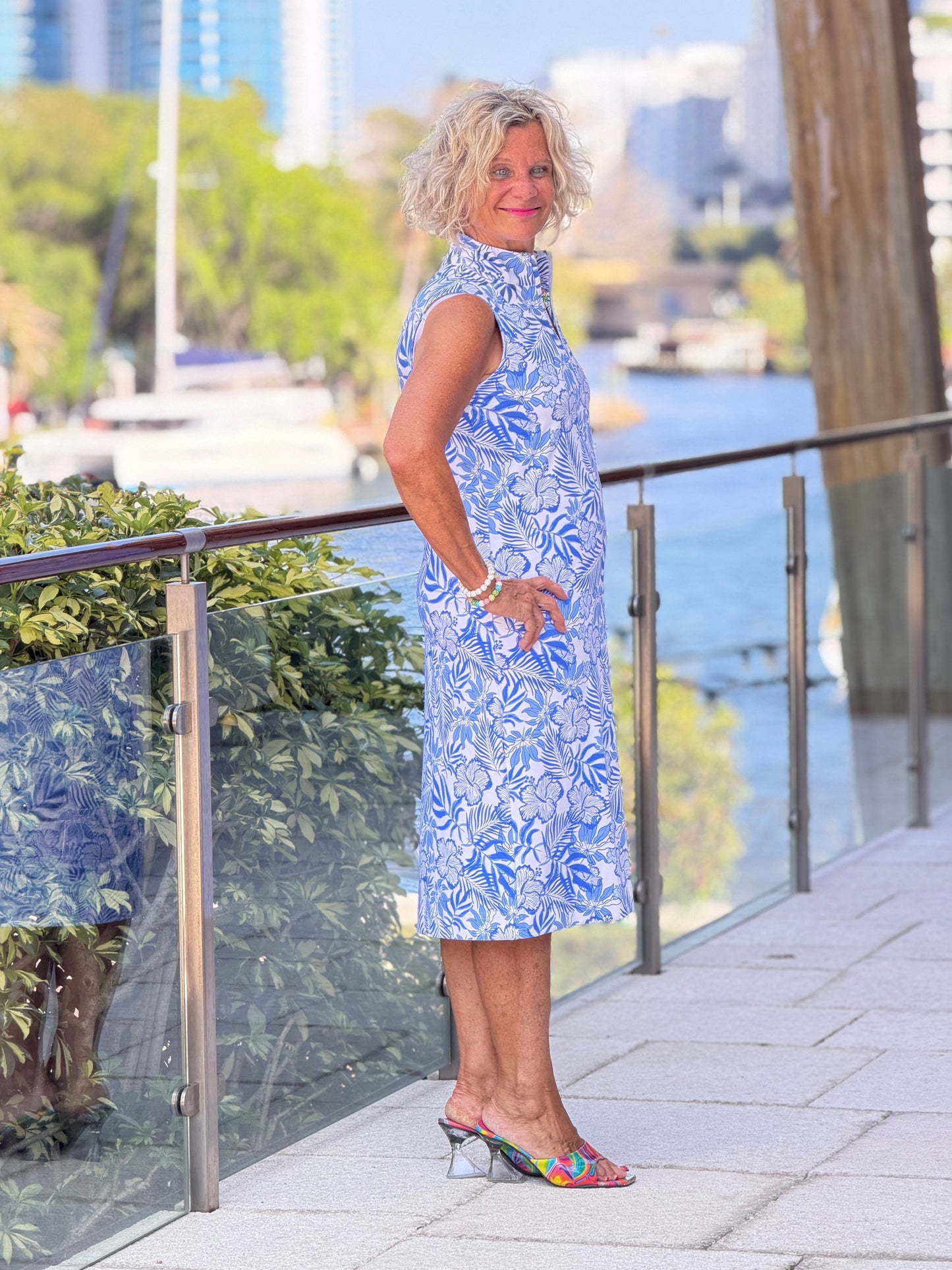 LULU B HIBISCUS COAST HALF ZIPPER MIDDY DRESS