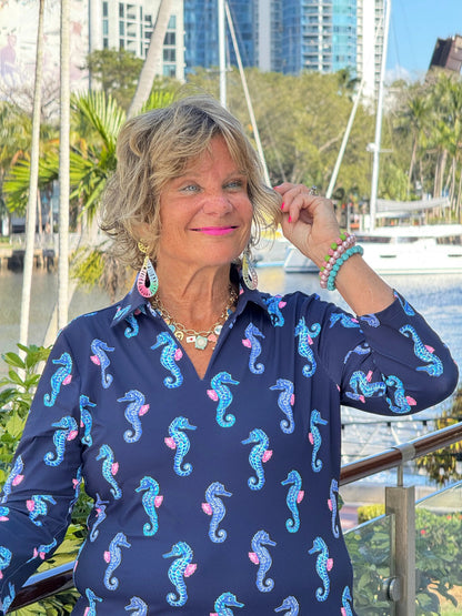 LULU B MIDNIGHT REEF 3/4 SLEEVE V-NECK COLLAR SHIRT