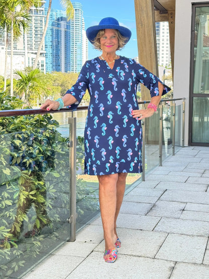 LULU B MIDNIGHT REEF NOTCH SLEEVE DRESS
