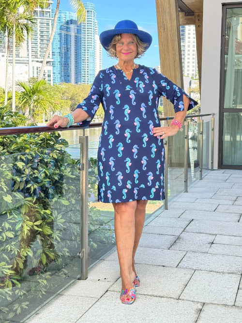 LULU B MIDNIGHT REEF NOTCH SLEEVE DRESS