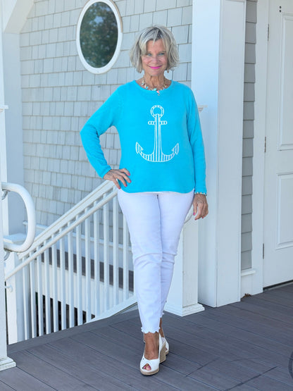 DOCKSIDE NAUTICAL AQUA STRIPE ANCHOR SWEATER