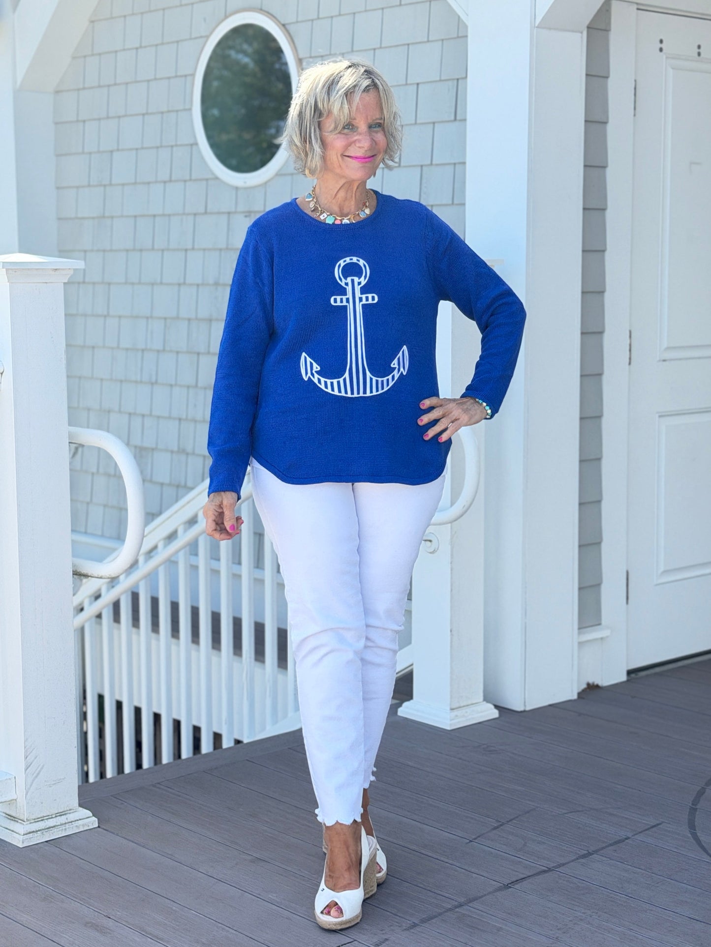 DOCKSIDE NAUTICAL COBALT STRIPE ANCHOR SWEATER