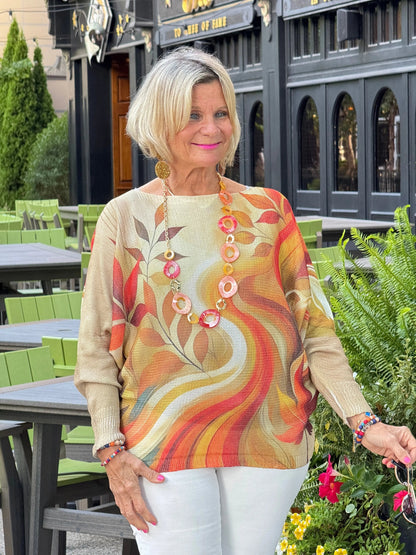 Cream Fall Leaves Round Neck Knit Printed Sweater